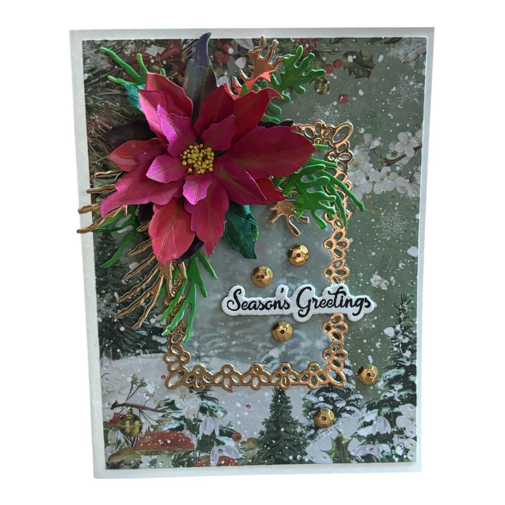 Handmade 3D Poinsettia Christmas Card Gold Green Holiday Seasonal Greetings